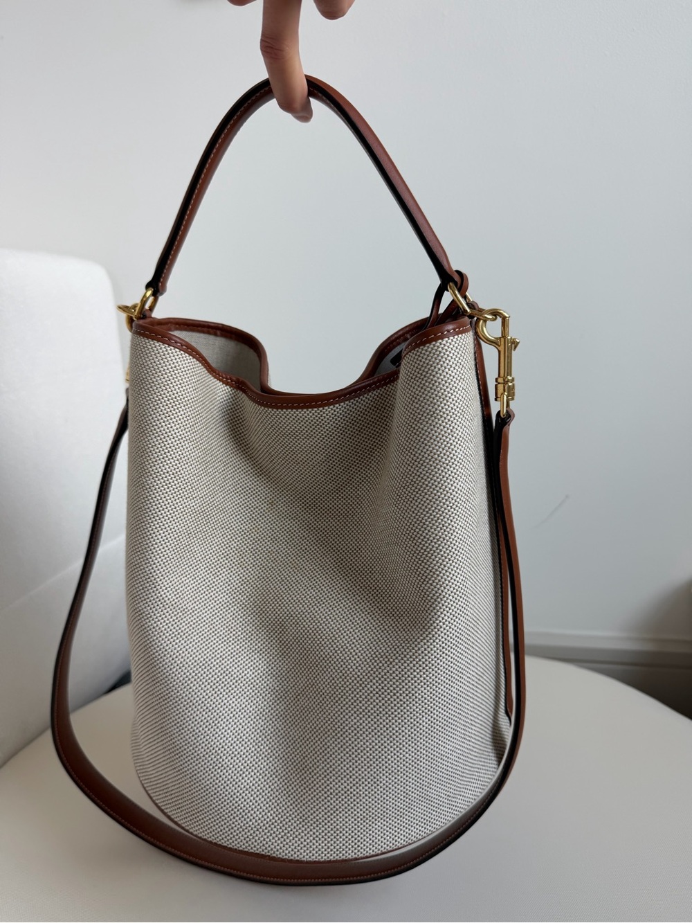 Celine Beige Canvas Bucket Bag with Brown Leather Trim and Gold Hardware - Picture 6 of 14